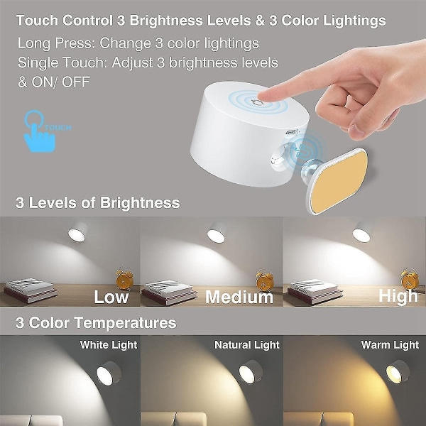 Indendørs væglampe, USB genopladeligt batteri væglampe, varmt/naturligt/hvidt lys, 3 lysstyrkeniveauer, berøringskontrol hvid