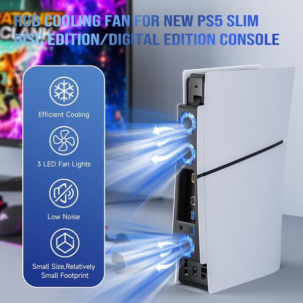 Køleventilator - Støjsvagt kølesystem med USB 3.0-port til PS5 Slim Digital/Discs Edition