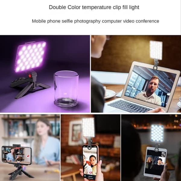 60 LED Selfie-lys med front- og bagklips, genopladeligt, med 3 lystilstande (sort)