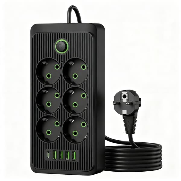 EU-grenuttag med 6 AC-uttag + 4 USB-portar + Type C (svart)