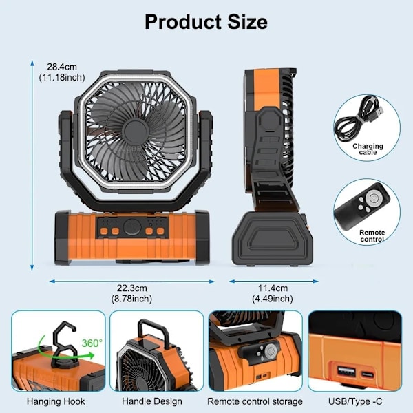 Bordventilator - Campingventilator 20000Mah Genopladelig Bærbar Med Lys Fjernbetjening (Sort)
