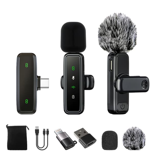 Langattomat Lavalier-mikrofonit J81, 1-2 Type-C tuulenpitävällä hatulla, Lightning-adapteri