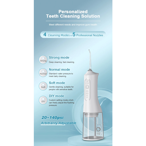 Oral Irrigator, 4 lägen för rengöring av tänder, 300 ml vattentank (Vit)