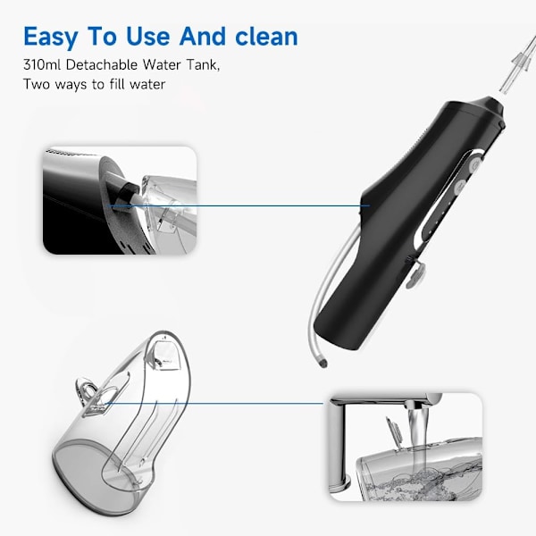 Oral Irrigator - 310 ml vattentank, uppladdningsbar, IPX7 vattentät, svart
