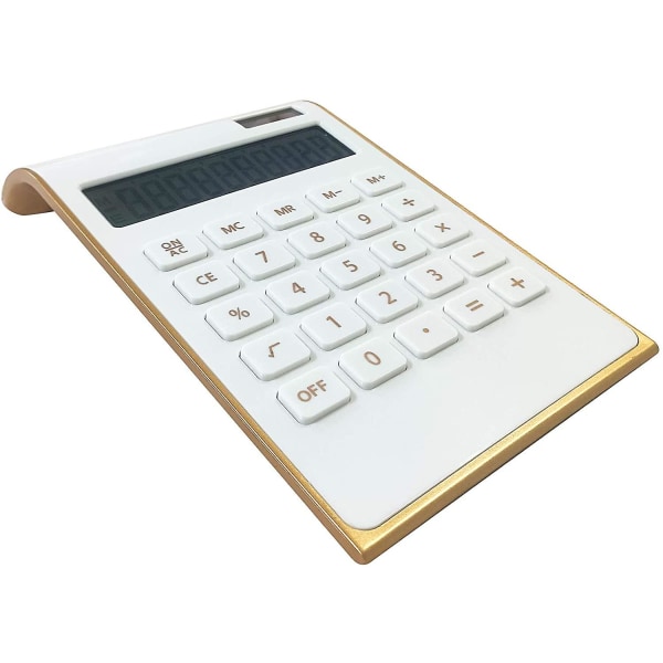 Lommeregner, 10-cifret solcellebatteri Basic, dobbeltdrevet desktop-beregner, vippet LCD-skærm, skråtstillet design slank skrivebordsberegner White