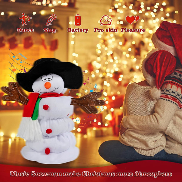 Syngende og dansende snømann plysjleketøy til jul, animert utstoppet dekorasjon med 6 julesanger