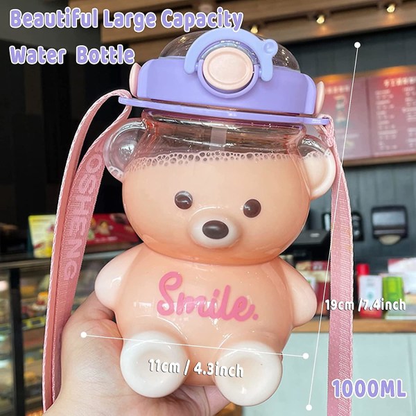 Bear vesipullo oljella, Kawaii vuotamaton vesikannu säädettävällä olkahihnalla retkeilymatkoille 1000ml Purple