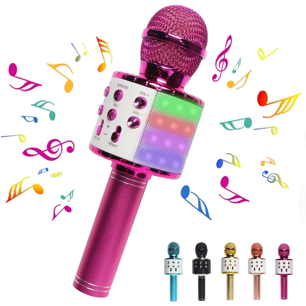 Karaokemikrofon til børn, trådløs Bluetooth-mikrofon med LED-lys, bærbar håndholdt karaokemikrofonhøjttalermaskine til piger, drenge, voksne (pink)