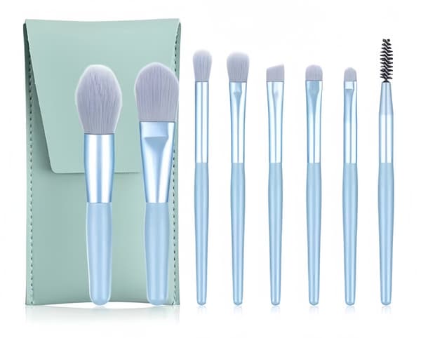 Makeup børstesæt med opbevaringspose - pakke med 8 (blå)