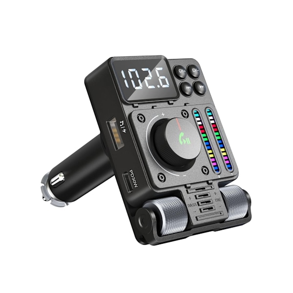 Multifunksjonell Bluetooth FM-sender for bil Bluetooth 5.3, lydjustering, live stemme (svart)