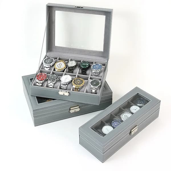 Urkasse 12 Gitre, PU Læder Ur Display Retro Smykkeskrin (Grå) Gray 12 Girds