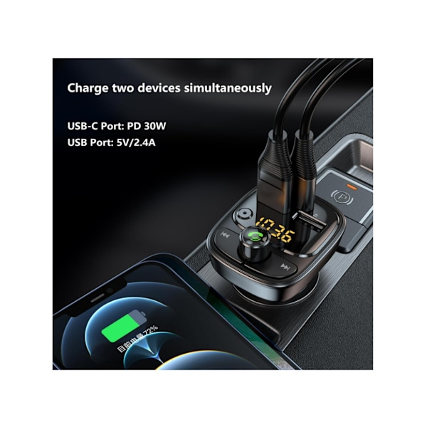 Biladapter FM Transmitter Bluetooth 5.3 Trådløs Radio Mp3 Afspiller Stereo Musik Audio Modtager til Håndfri Opkald 42W PD 30