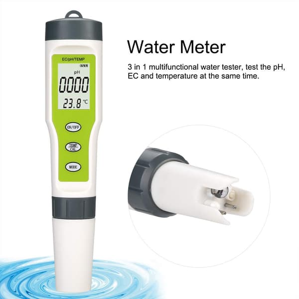 3-i-1 Vandkvalitetstester, måler elektrisk ledningsevne (EC), pH og temperatur