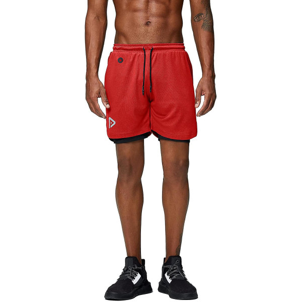 2 i 1 løbeshorts med telefonlomme Gym Workout Quick Dry Herreshorts 5 tommer Red X-Large