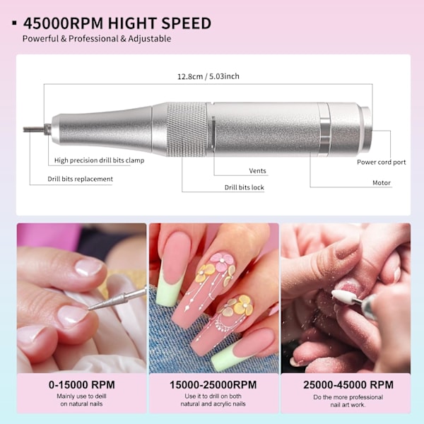 Elektrisk Nagelborr Professionell 45000Rpm Kit, Portabel Poleringsset Med 13 I 1 Bits Kit Svart