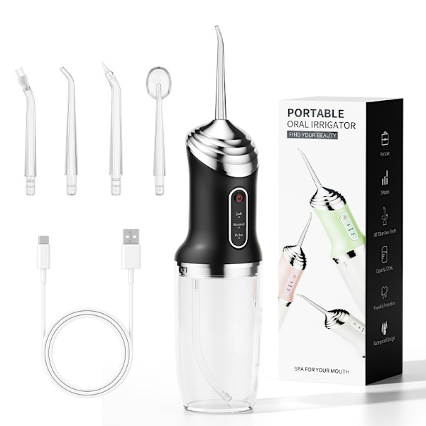 Oral Irrigator - 320 ml vattentank med 4 munstycken, 3 lägen för oral irrigator, svart