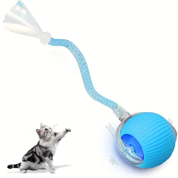 Legetøjsbolde til kat og hund, interaktiv rullende kattebolde med elastisk net hale (blå)