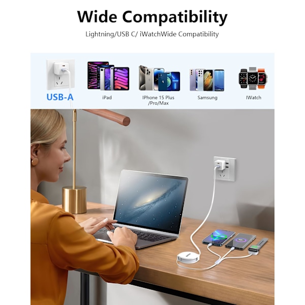 Optrækkeligt Telefon iwatch Opladerkabel, Opgraderet Multi 3 i 1 USB-oplader til Apple Watch Oplader+Lightning + Type C Kompatibel med iWatch