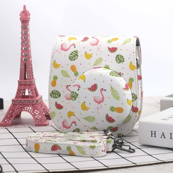Etui for Instax Mini 12 11 9 8, med lomme og justerbar stropp (Blad) Leaf
