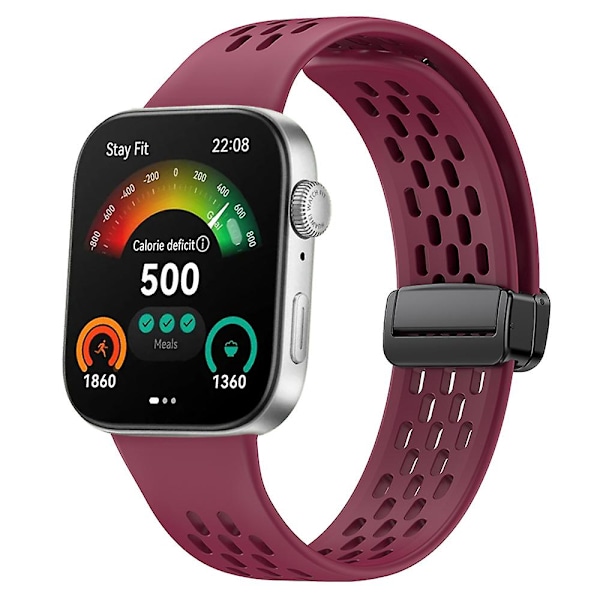 For Huawei Watch Fit 3 silikoneurrem med hulmønster og magnetisk foldelås Wine Red