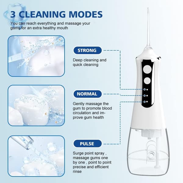 Munnskyller - 300 ml, 3 moduser 5 utskiftbare dyser, USB oppladbar (hvit)