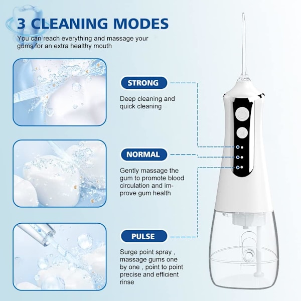 Oral Irrigator - 300 ml, 3 lägen, 5 utbytesmunstycken, USB-uppladdningsbar (Svart)
