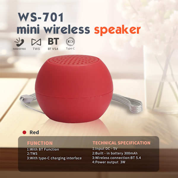 Bluetooth-høyttaler Ws-701 Tws Bluetooth 5.4 (rød)
