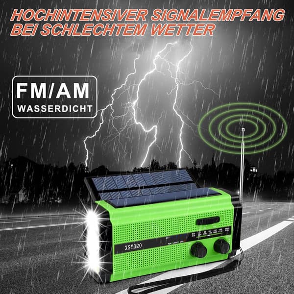 Hätäveivi aurinkoradio 5000 mAh, 5 virtalähdetilaa (vihreä)