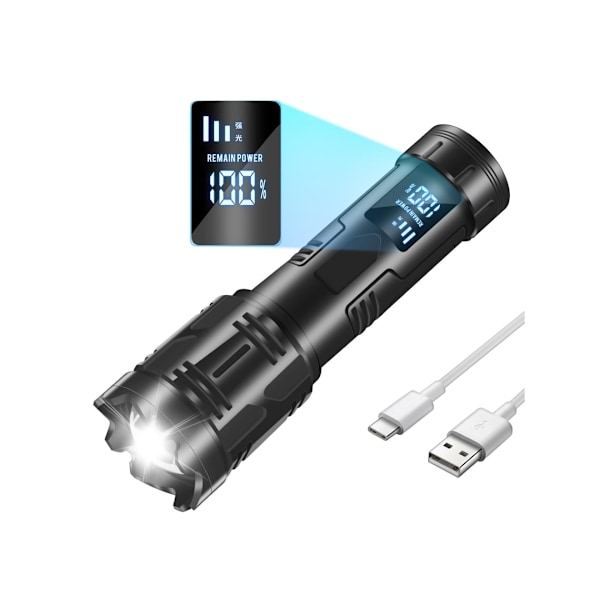Uppladdningsbar Hög Lumen Ficklampa Super Starka LED Ficklampor Med LCD Digital Display IPX4 Vattentät Portabel Ficklampa Kan