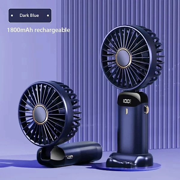 Ventilator - Mini Håndholdt Foldbar, 5 Vindhastigheder Med Mobiltelefonholder Og Display, 1800Mah (Mørkeblå)