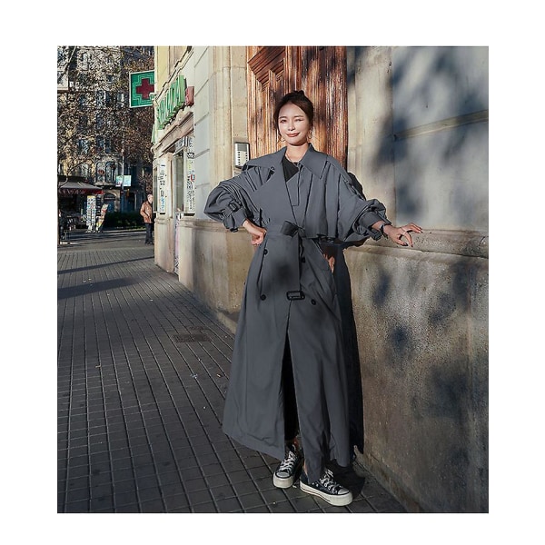 Trenchcoat för kvinnor Lös oversize lång jacka Dubbelknäppt bälte Dammantel Grå vindjacka M Gray