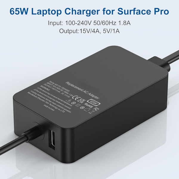 Laddare för 65W Microsoft Surface Pro 8/7/6/5/4/pro 7+/Pro 3/X 15V 4A Nätadapter