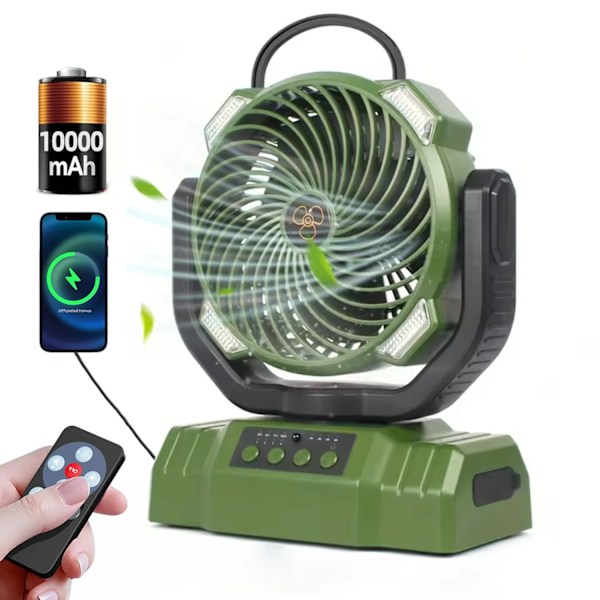 Pöytätuuletin - 10000Mah 3-in-1 retkituuletin, LED-valoilla ja kaukosäätimellä (vihreä)