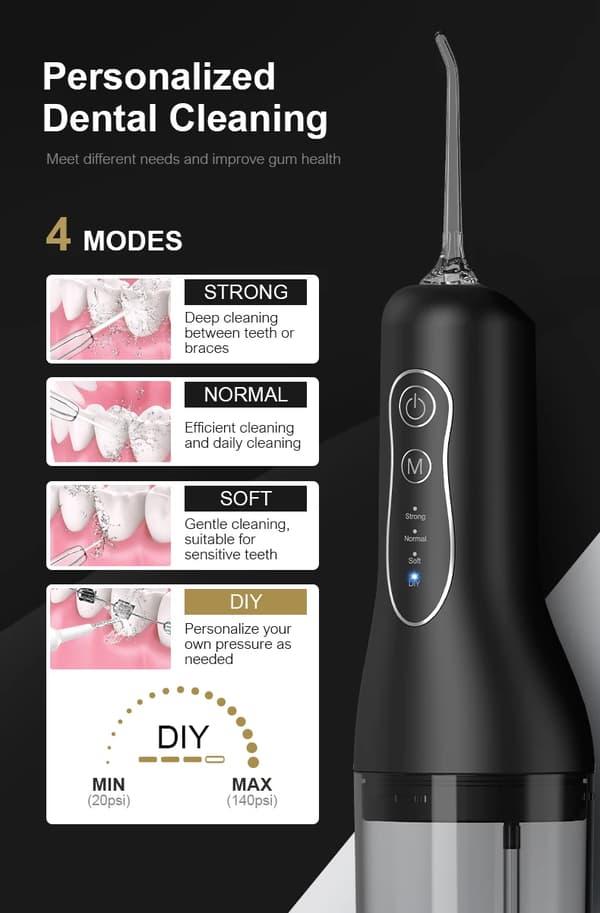 Oral Irrigator, 4 moduser 4 dysespisser erstatning 260 ml avtakbar vanntank (hvit)