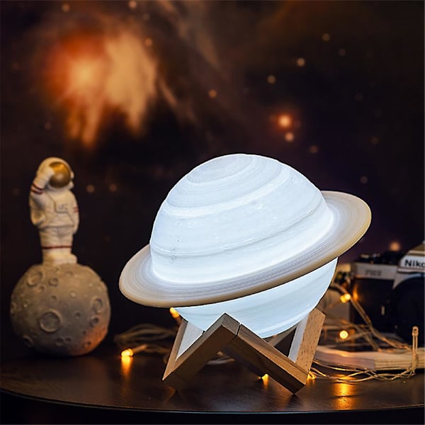 3d Print Dekor Saturn Lampa Med Trä Ställ Hängande Net Nursery Led Nattljus 13cm