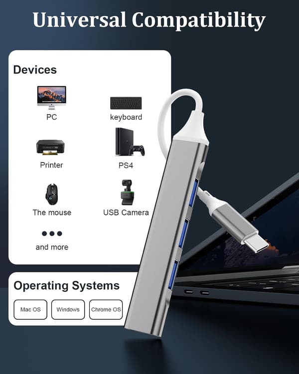 Usb C -moniporttisovitin, 4-in-1-keskitin Type C (harmaa)