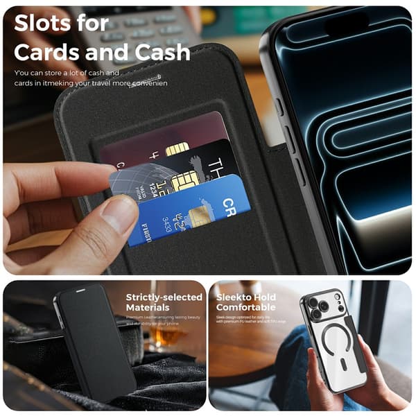 Etui til iPhone 18 Pro Max, magnetisk kompatibel og RFID-blokkerende kortholder Black For iPhone 18 Pro Max