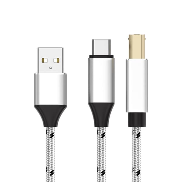 Adaptrar 2-i-1 Typ-C, USB-A till USB-B MIDI Instrument/Skrivarkabel (Vit flätad tråd)