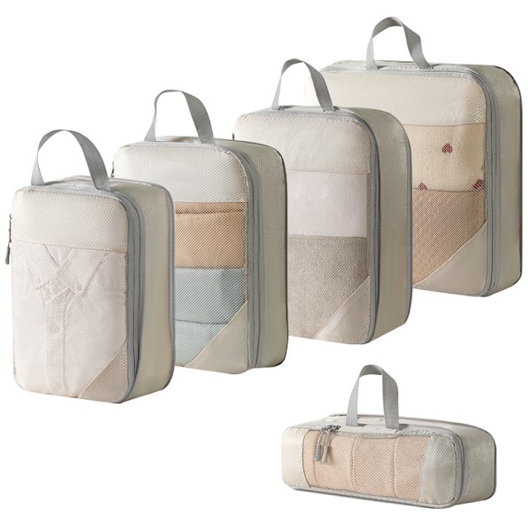 Resväska Organiseringsväska Set, Komprimerad Mesh 5-pack (Beige)