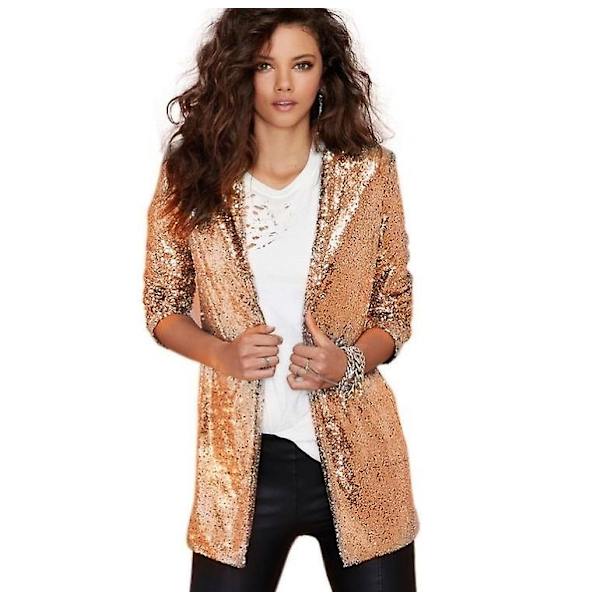 Kvinnors paljettjacka Öppen front blazer Casual långärmad kofta M gold