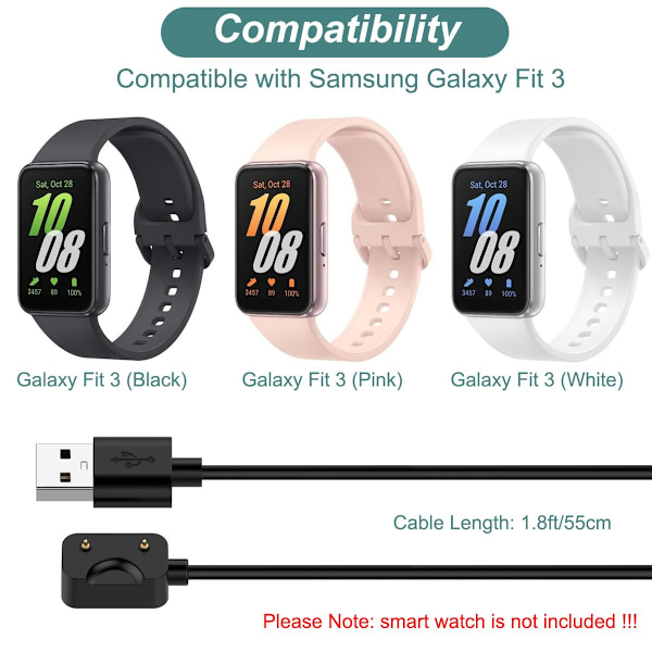 Oplader til Galaxy Fit 3 SM-R390, erstatnings-USB-opladerkabel til Samsung Galaxy Fit 3 Smart Watch (1,8ft/55cm) (sort) Black