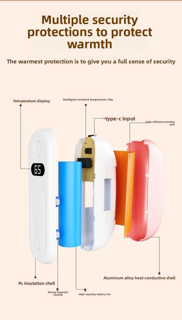 Håndvarmer Magnetisk Digitalt Display, 3-Temperatur, USB Genopladelig (Sort)