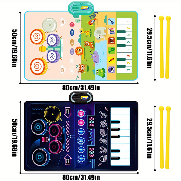 Musikalsk Matte Baby Leker, 2 i 1 Keyboard & Trommematte med 2 Pinner Pedagogiske Musikkleker