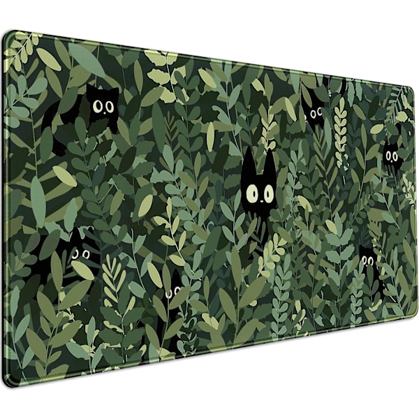 Söt Tecknad Katt Skrivbordsmatta, Grön Löv Stor Spelmusmatta (400 X 800 X 3 Mm)