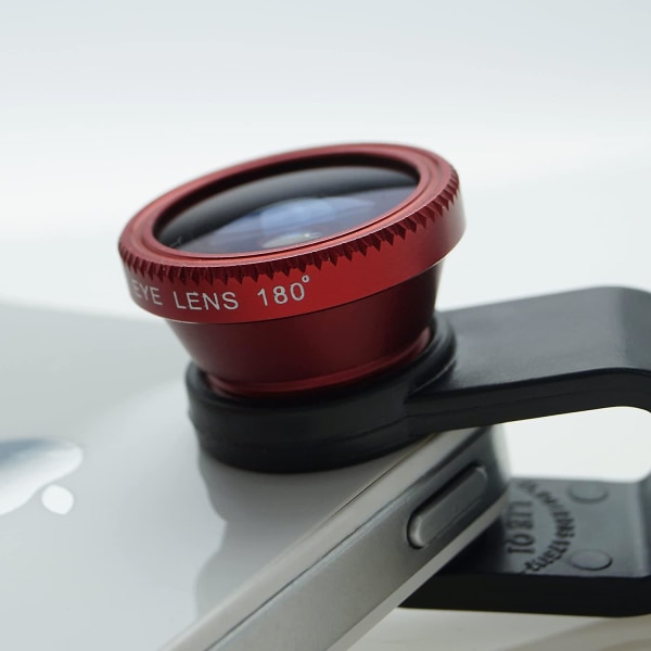 Universal 3 i 1 mobiltelefon kamera linsesett for smarttelefoner inkludert - Fish Eye linse / 2 i 1 makro linse og vidvinkel linse/universal klips/bærepose Red