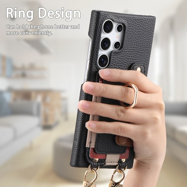 Kotelo Samsung Galaxy S25 Ultralle, korttipaikoilla, rengaspidikkeellä ja olkahihnalla (Khaki)