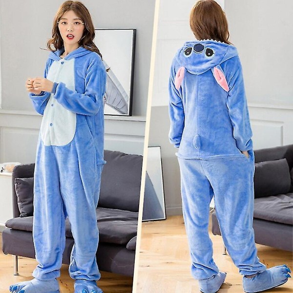 Stitch Adult Animal Onesie Talvi Naisten Pyjama Onesie Miesten Pariskunta Cosplay Flanelli Sarjakuva Pyjamat Kotivaatteet - Sininen Stitch 12T Height130*140CM