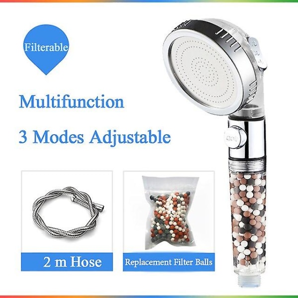 badeværelse 3-funktions spa brusehoved med kontakt stop knap højtryk anion filter badekar hoved vandbesparende bruser Clear- hose2-beads