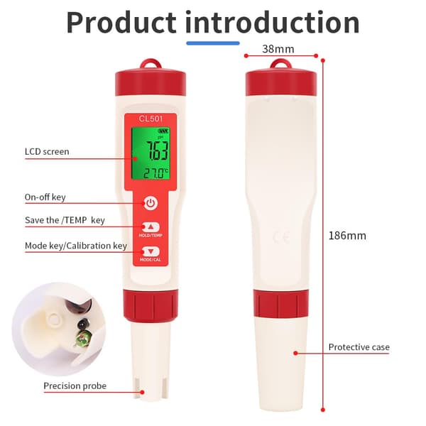 5-i-1 Digital Vannkvalitetstester, TDS/pH/H2/Temp/ORP/Cl Tester, 0,01 Nøyaktighet