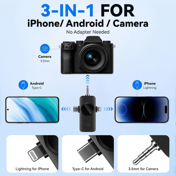 3-i-1 trådløs lavaliermikrofon til iPhone/Android/kamera, støjreduktion 1 To 1